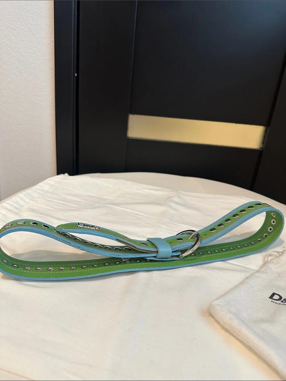 Vintage D&G Dolce & Gabbana Green Blue Studded Leather Belt